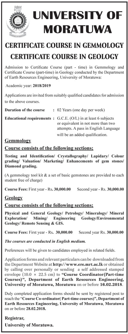 Certificate Course in Gemmology, Certificate Course in Geology - University of Moratuwa